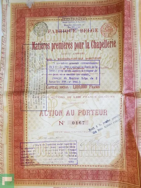 A 1918 stock certificate from La Fabrique Belge de Matières Premières pour la Chapellerie