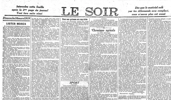 Le Soir, March 1919 - Listes Noires